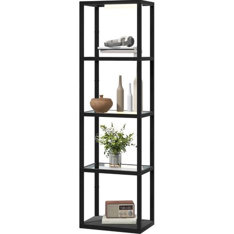 Lámpara de pie LED con estantería de 4 niveles, MDF negro, 35 W (1/4)