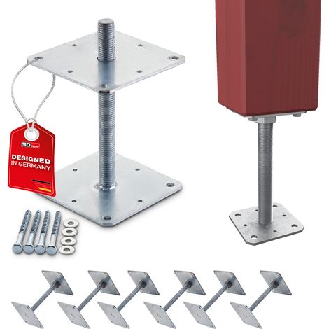 SOTECH Pfostenbeschlag Stützträger Gewinde M24 Stahl feuerverzinkt höhenverstellbar zum Aufschrauben, witterungsbeständig, 160 x 160 x 250 mm - 6 Stück