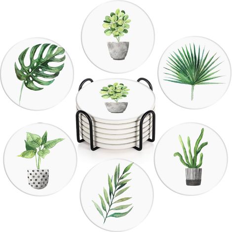 Lot de 6 Dessous de Verre absorbants en Forme de Feuilles Vertes avec Base en liège, Support en métal, Tapis Rond en Pierre pour Table Basse en Bois, Cadeau pour Anniversaire (1/5)