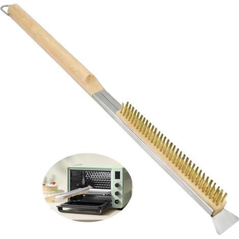 Brosse pour four à pizza, 52 cm, grattoir en acier inoxydable, poils en laiton, manche en bois, revêtement en caoutchouc, manche ignifugé, nettoyage (1/5)