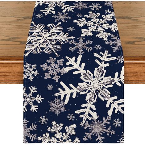 Chemise De Table - Motif Flocons De Neige - Pour Décoration De Noël Et Hiver - 33 X 91 Cm - Bleu Marine (1/5)