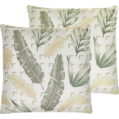 Conjunto de 2 cojines decorativos verde y beige patrón de hojas 45 x 45 cm fundas extraíbles cierre de cremallera estilo boho moderno Rhapis