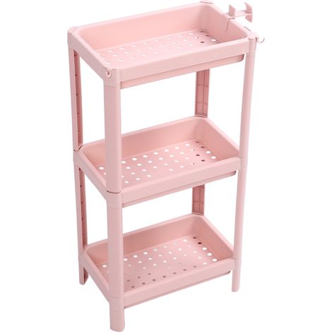 Étagère de rangement pour salle de bain, 3 étages, stable et durable, support autoportant, étagère d'angle, rose (1/5)