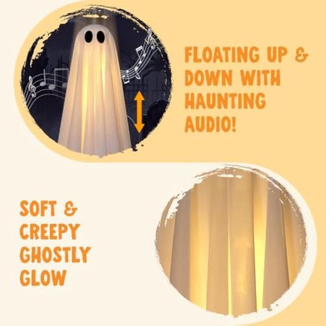 Lot de 2 décorations d'Halloween effrayantes à suspendre : fantômes animatroniques de 50 cm avec LED blanc chaud, commande vocale, musique et mouvement automatique pour arbre. (1/4)
