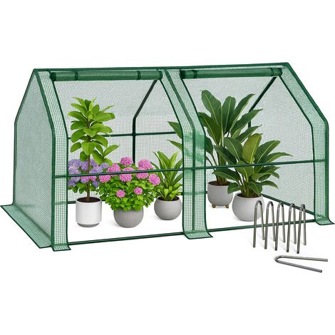 Mini Serre de Jardin à Toit Pointu avec 2 fenêtres avec Zip enroulables Bâche PE renforcée 135g/m2 pour semis Plantes Fleurs légumes 180x90x90cm Vert (1/5)