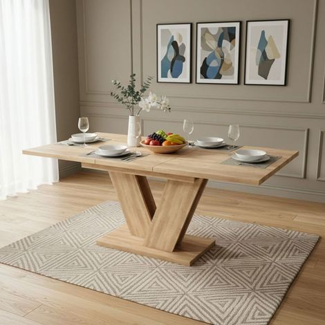 Table Extensible 140/180 x 80 cm rectangulaire capacité 4 à 6 personnes plateau épaissi pieds en V style simple couleur chêne (1/5)