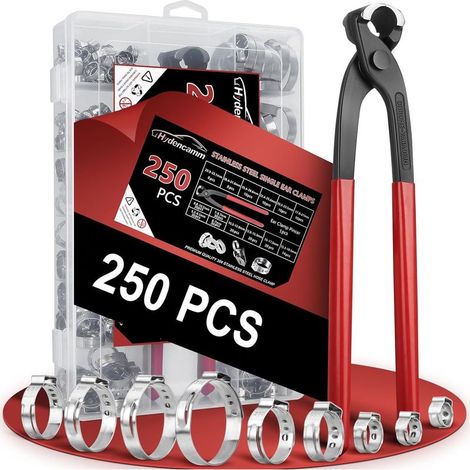250 Stück, 14 Größen, einzelne Ohrschlauchklemmen, 5,3–33,1 mm, Edelstahl 304, Ohrklemmen-Set mit Ohrclip, stufenlose Schlauchklemmen (1/5)