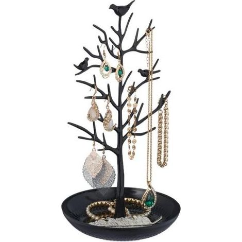Porte Bijoux en Forme d'Arbre, pour Colliers, Boucles d'Oreilles, Bracelets, HxLxP 30 x 16 x 15 cm, Noir (1/5)