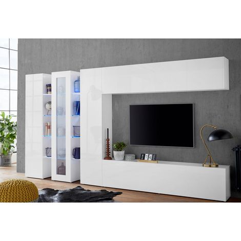 Ensemble TV mural moderne 340 cm blanc laqué brillant Maroussia (1/5)