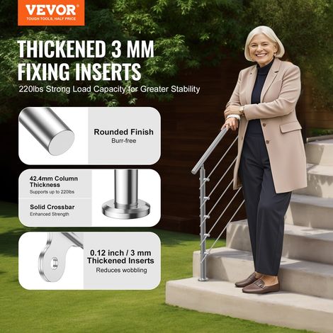 Rampe d'Escalier, 150 cm, Main Courante Escalier pour Marches Extérieur Acier Inox, 5 Barres Transversales, Kit d'Installation, Gar… (1/5)