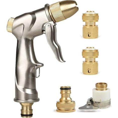 Pistola a spruzzo per tubo da giardino con ugello in ottone, spruzzatore portatile ad alta pressione in lega di zinco per lavaggio auto/irrigazione prato (con 4 connettori) (1/4)