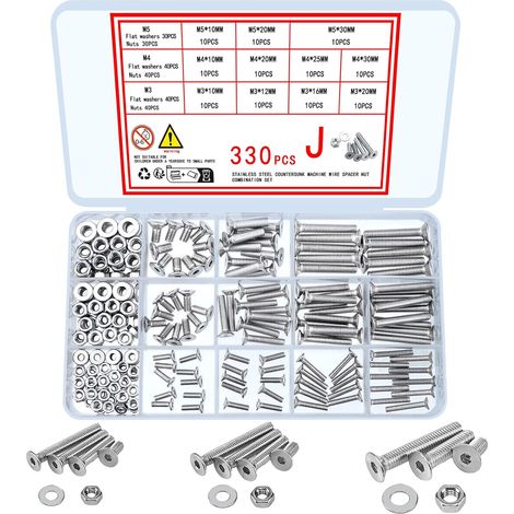 330 Pcs Vis à tête plate à six pans creux et écrous et rondelles Assortiment Set, M3 M4 M5 Vis en acier inoxydable et vis à métaux tête fraisée écrous et rondelles (1/5)