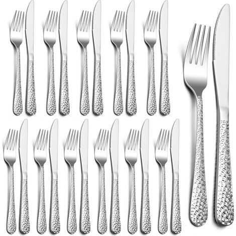 Ensemble de couverts à steak pour 12 personnes - 24 pièces en acier inoxydable - Couteau et fourchette avec poignée marteau - Convient pour steak/pizza - Passe au lave-vaisselle (1/5)
