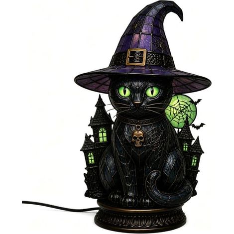 Lampe gothique d'Halloween avec chapeau de sorcière, lampe de table décorative style vintage, veilleuse LED pour chambre, étagère et table avec crâne de chat (1/5)