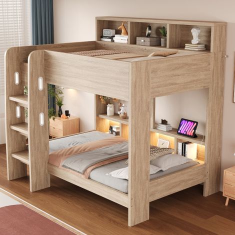 Lit superposé en bois 90 x 200 cm, équipé d'une barrière de sécurité, d'une échelle de sécurité et d'un compartiment de rangement, avec rampe lumineuse et prise électrique, lit double, coloris bois (1/5)