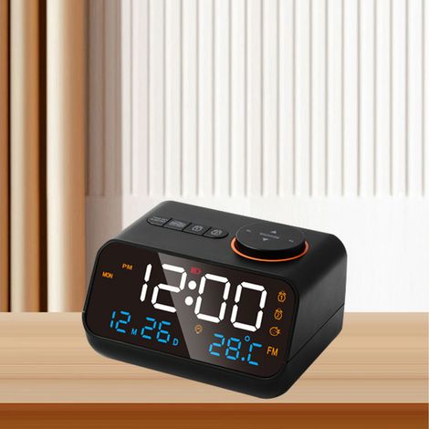 Radio-réveil multifonction avec LED, minuterie musicale, radio FM rechargeable, noir. (1/5)