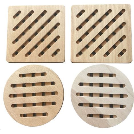 Set of four heat-resistant wooden mats for kitchen worktops - Heat resistant (square and round, 19x19 cm) - Non-slip and heat-resistant wooden mats (1/4)