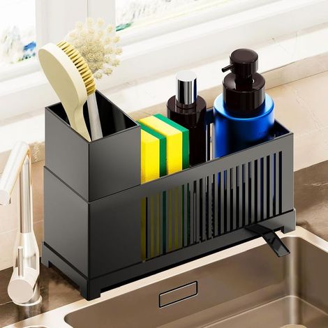 Organizador para fregadero de cocina, soporte para esponjas con bandeja de drenaje extraíble, separadores y soporte para cepillos. (1/5)