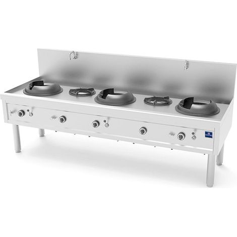 Plan de cuisson wok à gaz avec 3 brûleurs 27,5 kW + 2 brûleurs soupe 9,2 kW, 2 robinets pour l'eau 2450x850x1110 mm - VIRTUS