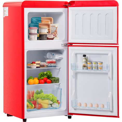 Réfrigérateur-congélateur style rétro. Hauteur : 88,8 cm, largeur : 45,5 cm, deux portes, capacité totale : 60 litres, compartiment congélateur : 22 litres. Consommation : 102 kWh/an,-27 °C à 13 °C. (1/5)