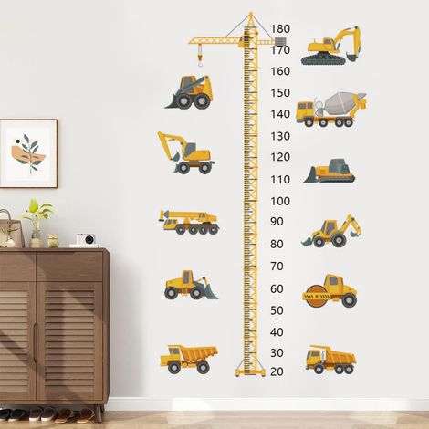 Adhesivo de pared para medir la altura de los niños (20-200 cm) con diseño de vehículos de construcción, tractores, excavadoras y camiones. Ideal para decorar la habitación infantil, el dormitorio o l (1/5)