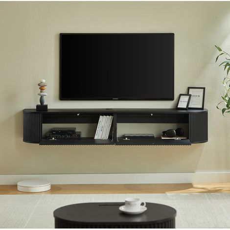 Meuble TV mural suspendu 180 cm noir avec passe-câbles, portes à relief et grand rangement fermé pour salon moderne, compatible 50 à 80 pouces, CHICFURN (1/5)
