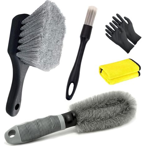 Kit de nettoyage de roues de voiture, kit d'outils de lavage de pneus de moto ou de vélo : brosse à pneus, brosse de jante, brosses de détail, serviette de lavage/séchage, gants de protection (1/5)