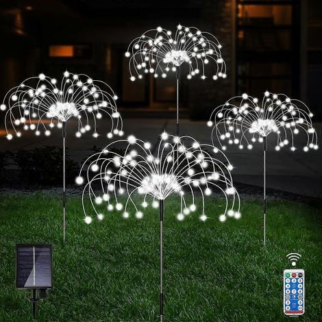 Lot de 4 lampes solaires d'extérieur pour jardin, 120 LED, fil de cuivre, étanches, effet feux d'artifice, avec télécommande, 8 modes d'éclairage décoratif scintillant. À planter dans le jardin. (1/5)