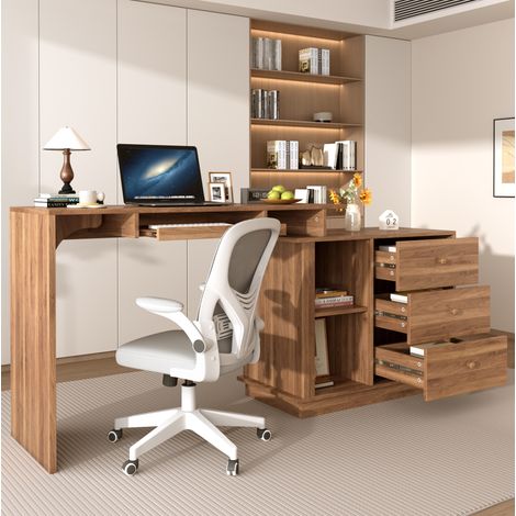 Scrivania computer multifunzione estensibile in MDF effetto noce con 3 cassetti (1/5)