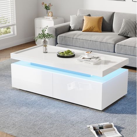 Couchtisch 95x45x35 cm Weiß aus Spanplatte mit Hochglanz, 2 Schubladen und LED-Beleuchtung (1/5)