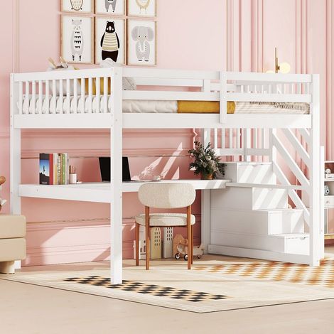 Lit mezzanine 140x200 cm pour enfant avec tiroirs de rangement et bureau sous le lit – lit blanc (1/5)