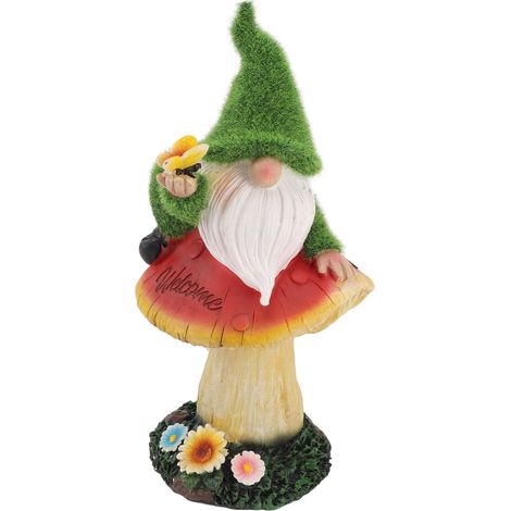 Ortviai Statue lumineuse de jardin en résine – Nain champignon décoratif avec lumière chaude et décoration papillon/fleurs