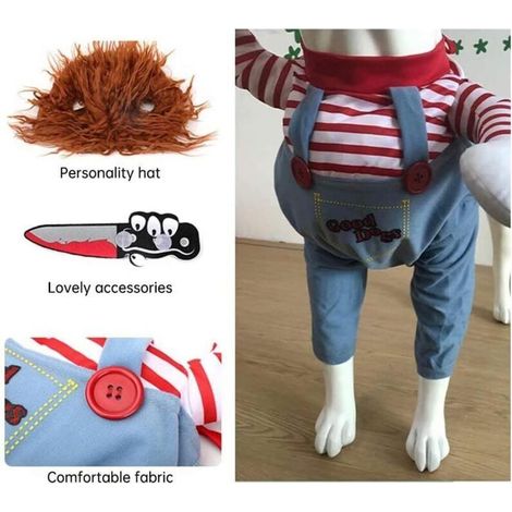 Costume da bambola della morte spaventosa per cani, cosplay di Halloween, costume da bambola Chucky per cani, con cappello divertente, abbigliamento per feste, vestito di Natale, adatto a cani di tagl (1/4)