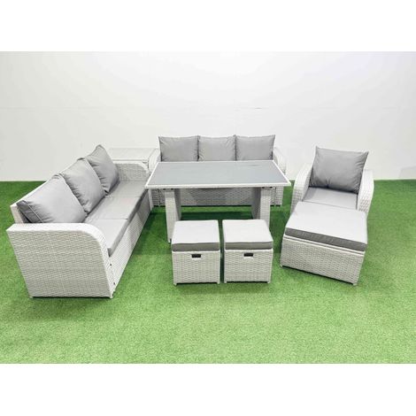Fimous Rattan Garden Furniture Dining Set 10-seater Patio Rectangular Table Sofa Set with Side Table 3 Stools Light Grey (1/4)