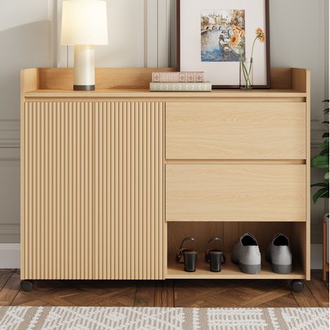 Zapatero 110x35x86 cm natural en MDF con estantes ajustables, cajones, ruedas con freno y bisagras amortiguadas (1/5)