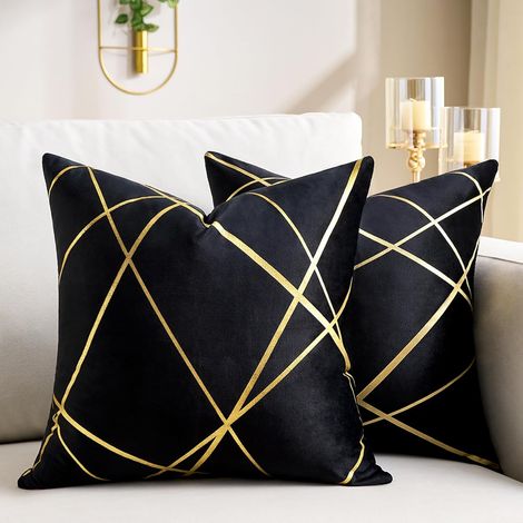 Housse de Coussin 40 x 40Cm Velours Coussin Noir Décoratifs Housses d'oreiller Lignes Dorées Géométrie Coussin Salon Chambre Banc Taie Coussin canapé Lot de 2 (1/5)