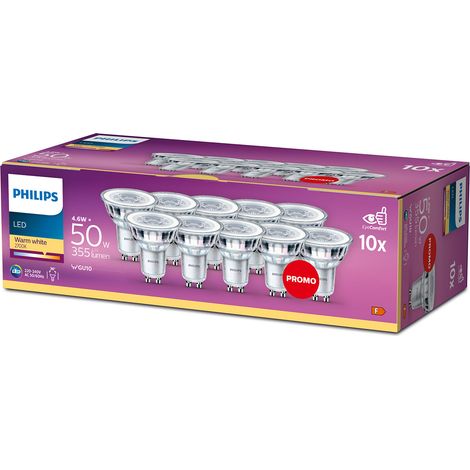 Philips – Ampoule LED GU10 50W blanc chaud – Lot de 10 – 355 lumens – Durée de vie 15 000 heures – Angle d'éclairage 36° (1/4)