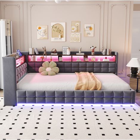 Lit banquette rembourré 90x200 cm moderne, velours gris, coffre hydraulique, étagères bois, LED, USB et Type-C (1/5)