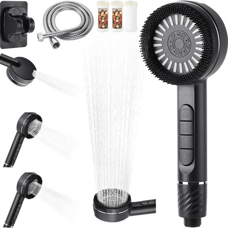 Pommeau de Douche Haute Pression, Massage Pommeau de Douche Filtre Anti-Calcaire à Cartouche Remplaçable Economie Deau 4 Types avec Tuyau Douche 1.4M et Support de Douche Bouton D'arrêt D'eau (1/5)