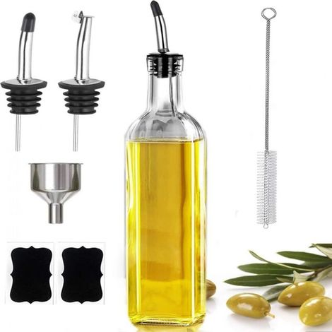 Ensemble de Flacons d'Huile en Verre et Acier Inoxydable  Distributeurs Pratiques pour Huile d'Olive. Vinaigre. avec Entonnoir et Accessoires Inclus. Design Élégant (1/5)