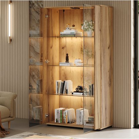 Vitrine 2 portes vitrées, 4 étagères, LED réglable, 80 x 36 x 150,5 cm, naturel HAVRYA (1/5)