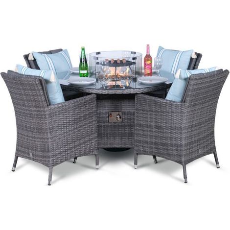 Savannah Fire Pit 4 Seater Round Rattan Dining Set - Grey (1/5)