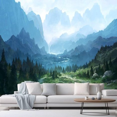 Tapiz de bosque para dormitorio Estética natural Árbol de montaña brumoso Tapiz Paisaje Fondo Paisaje de bosque verde Tapiz para sa，natural，verde (1/5)