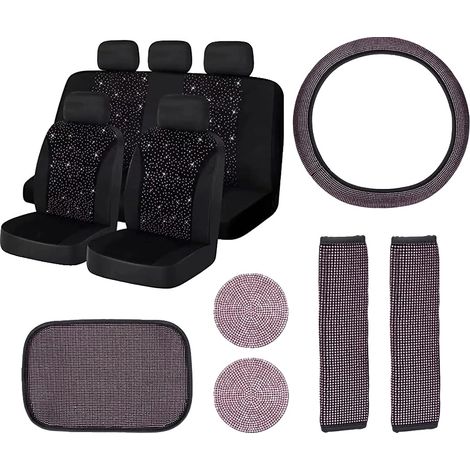 Set di accessori per auto, coprivolante, cristalli scintillanti, coprisedili in velluto, rosa (1/2)