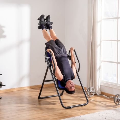 Table d'inversion pliable/appareil d'entraînement à la gravité avec deux roues mobiles, dossier réglable, métal et ABS, noir et bleu, 132 x 71 x 145 cm (1/5)