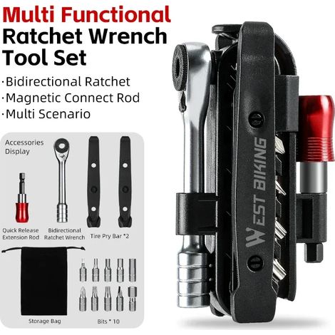 Jeu de clés à cliquet portables, ensemble d'outils multifonctions 14 en 1 pour vélos. (1/5)