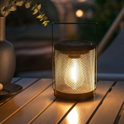 Lampe Solaire à Grille Métallique, Effet Flamme LED Ambiance Rétro, Poignée Robuste pour Extérieur Jardin Camping 12x12x19cm (1/4)