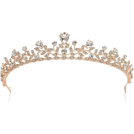 Funkelndes Kristall-Prinzessinnen-Diadem, verziert mit Strasssteinen und Blättern, für Zeremonien und Hochzeiten, roségoldene Farbe. (1/5)