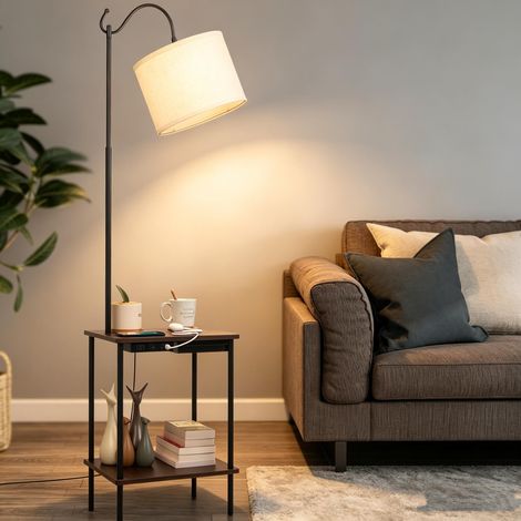 Lampadaire LED sur Pied avec Table, Lampe sur Pied Chambre avec Ports USB, Lampadaire en Bois avec Abat-jour en Lin Beige pour Salon, pour Chambre à Coucher, Salon, Bureau (1/5)