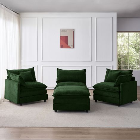 Divano angolare modulare a L a 3 posti con pouf, cuscini sfoderabili, chenille verde (1/5)